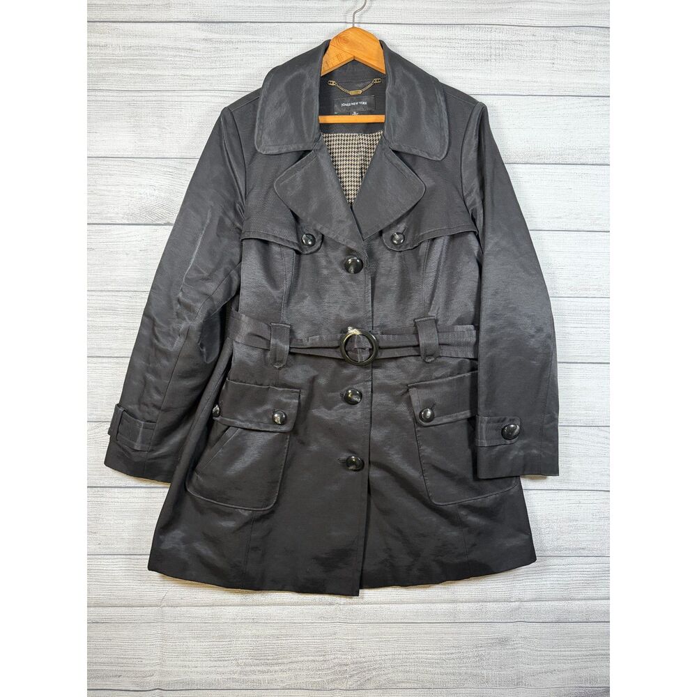 Jones New York Womens XL Black Belted Trench Coat Houndstooth Lining